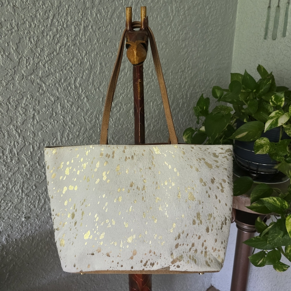 Chico's Haircalf Leather Tote Gold Foil Cow Print Bag Coastal Cowgirl Western L